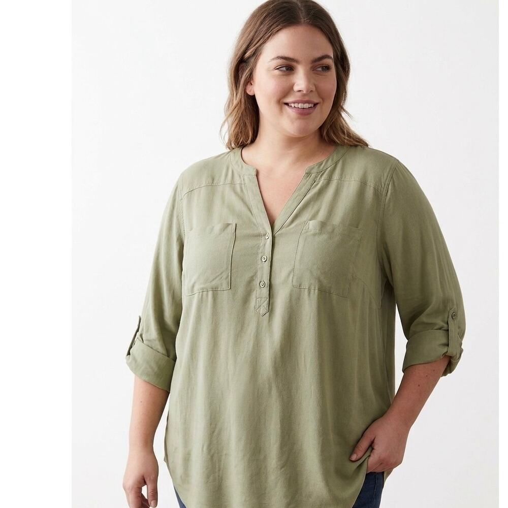 Torrid Harper Olive Green Split Neck Georgette Blouse Top Plus Size 2X NWT